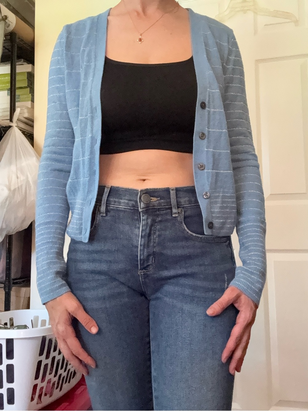 American Eagle Light Blue Striped Button-Up Cardigan